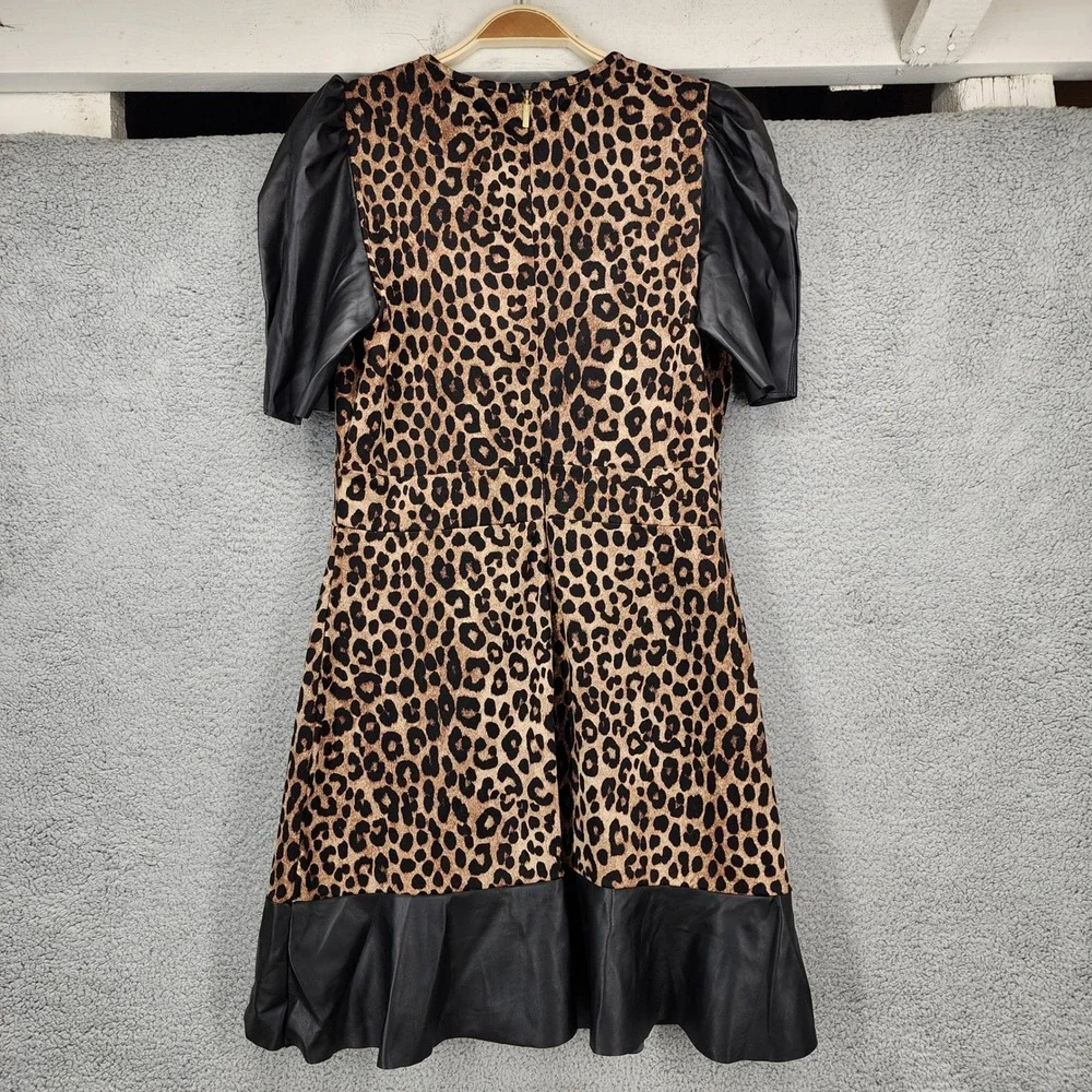 MICHAEL KORS Leopard Print Faux Leather Sleeve Fit‎ Flare Dress Women's Medium